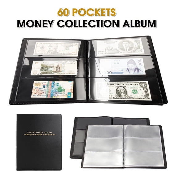 60 Pockets Soft Leather Notes Album Banknote Paper Money Collection Stamps Book (coolblack )