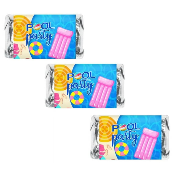 60 Pool Party Theme Mini Candy Bar Wrapper, Water Fun Miniatures Candy Bar Stickers, Birthday Decorations, Wedding, Baby Shower Blue Themed, Made in USA