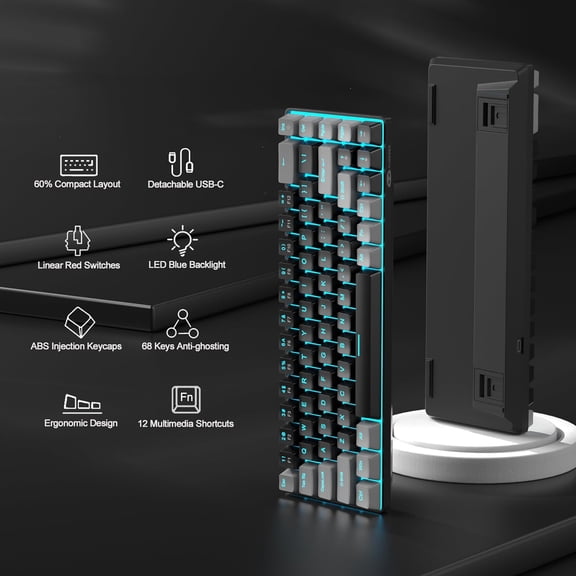 60% Portable Mechanical Gaming Keyboard | LED Backlit 68-Key Compact Mini Wired Keyboard | Red Switch for Windows Laptop PC Mac - Black/Grey