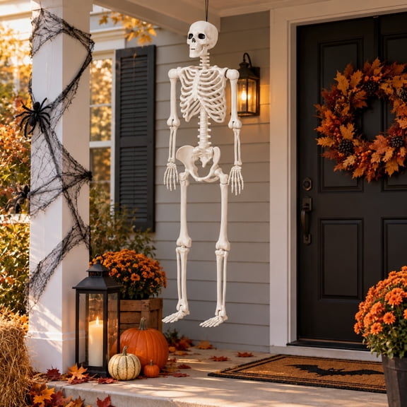 60" Poseable Lifesize Skeleton Halloween Decoration, Off-White Full Body Skeleton Prop for Indoor, Outdoor, Porch & Party Decor
