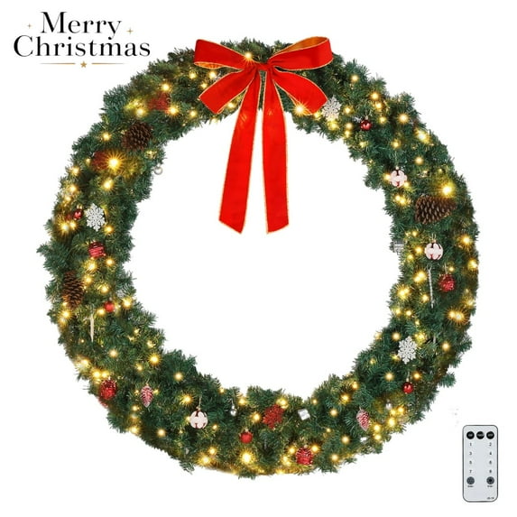 60" Pre-Lit Christmas Wreath, Large Decorative Xmas Wreath w/ 600 Branches, Warm White LED Lights, Red Bow, Pinecones, Snowflakes – Perfect for Holiday Gifting, Green