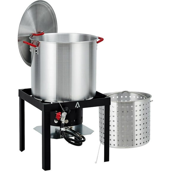 60 Qt Seafood Boiling Kit with Strainer,Outdoor Seafood Boil Pot and Basket with 110,000 BTUs Propane Burner,Aluminum Seafood Boil Pot for Outdoor Cooking Seafood Crawfish Crab Shrimp