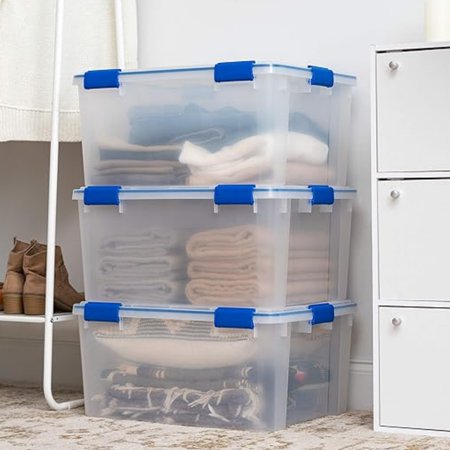 60 Qt Storage Bins with Lids, 3 Pack, Plastic Gasket Box with Tight Latch and Seal, Stackable Nestable Tote Tub - Clear/Blue