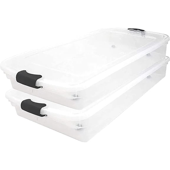60 Quart Multipurpose Slim Underbed Storage Container Bins with Secure Latching Lid and Wheels for Home or Office Organization, Clear (2 Pack)