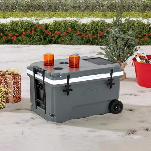 60-Quart Solar Cooler Portable Insulated Ice Chest with Wheels and Handle for Party, Camping, Beach Sand and Outdoor Activities, Heavy Duty Opener and Cup Holder, Castlerock Grey