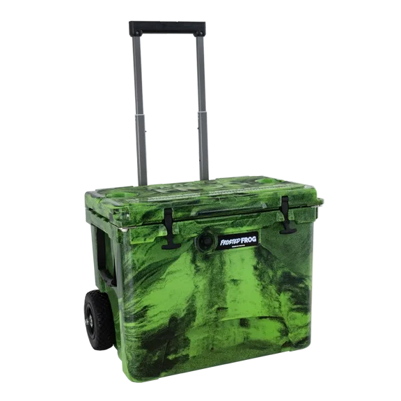 60 Quart Wheeled Cooler with Telescoping Handle USA Made Rolling Hard Ice Chest, Green Black Camo | Frosted Frog