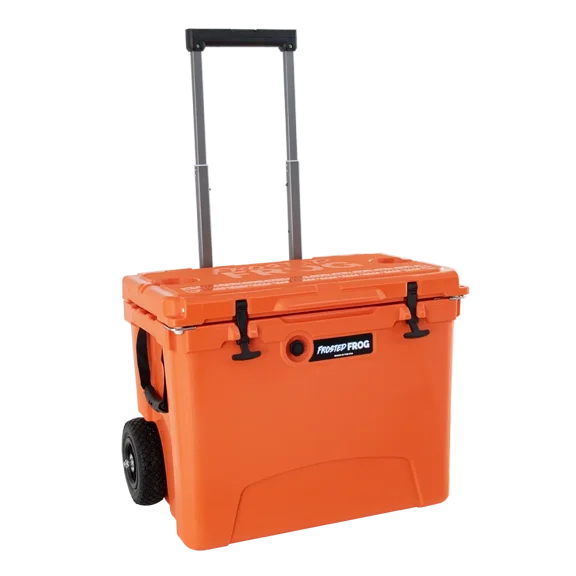 60 Quart Wheeled Cooler with Telescoping Handle  USA Made Rolling Hard Ice Chest, Orange | Frosted Frog