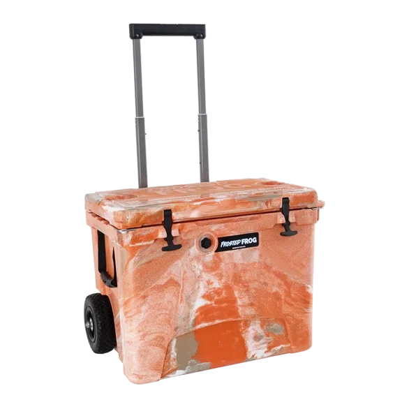 60 Quart Wheeled Cooler with Telescoping Handle  USA Made Rolling Hard Ice Chest, Orange White Sand Camo | Frosted Frog