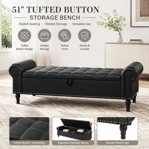 60” Queen Size Faux Leather Storage Bench with Tufted Button, Rolled Arms & Vintage Rivets, Ottoman Bench for Bed Foot, Living Room, Entryway, Black