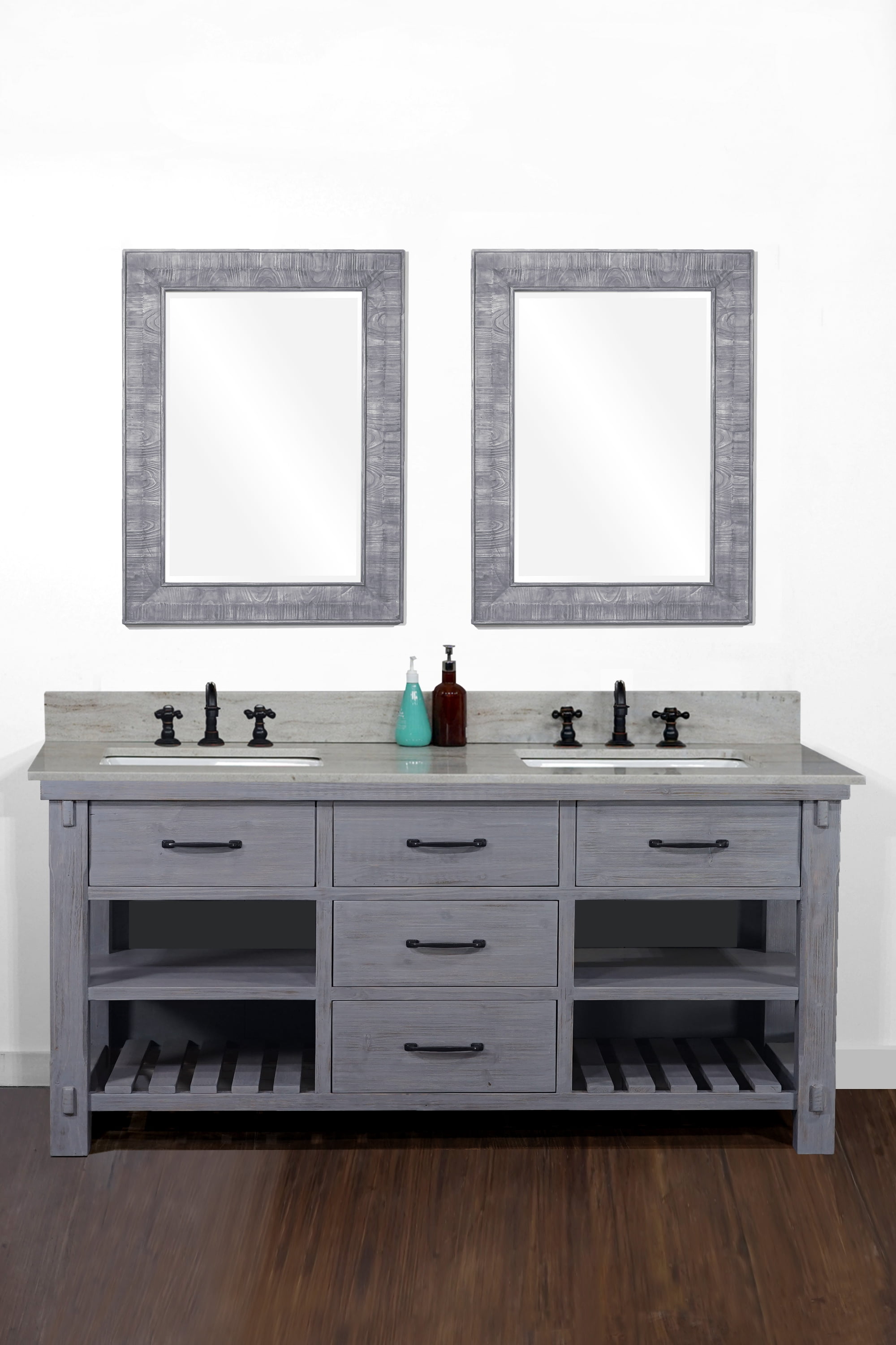 InFurniture WK8260-BG-CS SQ TOP 60 in. Rustic Solid Fir Double Sink Vanity in Blue Grey Driftwood With Coastal Sands Marble Top With Rectangular Sink-No Faucet