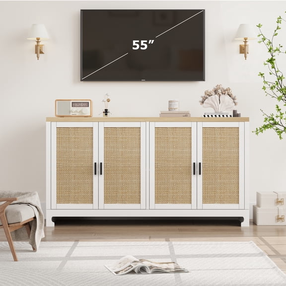 60" Rattan Buffet Cabinet, Storage Sideboard with 4 Doors and Adjustable Shelf, Boho Storage Console Table, Console Table for Living Room, Dining Room, Kitchen, Entryway, White