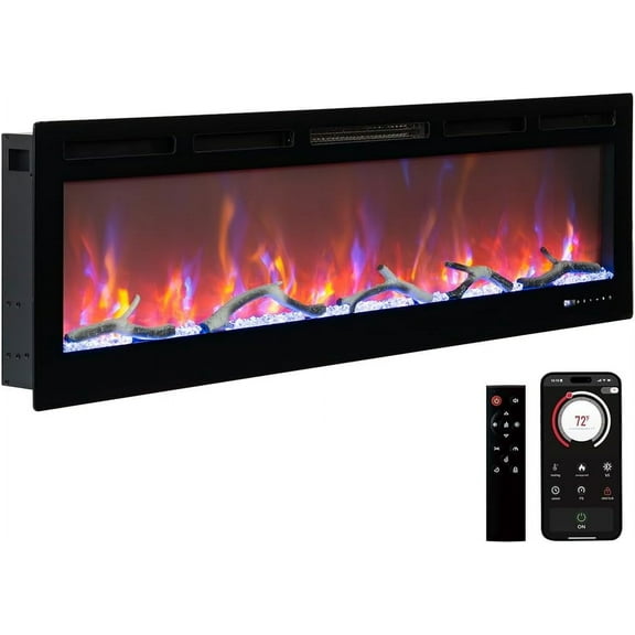 60" Recessed & Wall Mount Smart Electric Fireplace, 3D Flames 12 Color LED with WiFi/Alexa, 750w/1500w Heater for 400 Sq. Ft, Child Lock & Crackling Sound