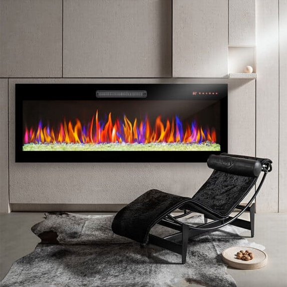 60'' Recessed and Wall Mounted Electric Fireplace, 1400W Low Noise Linear Heater, with 16 Multicolor Flame and 5 Flame Brightness, Touch Screen Remote Control,1-9h Timer, Black