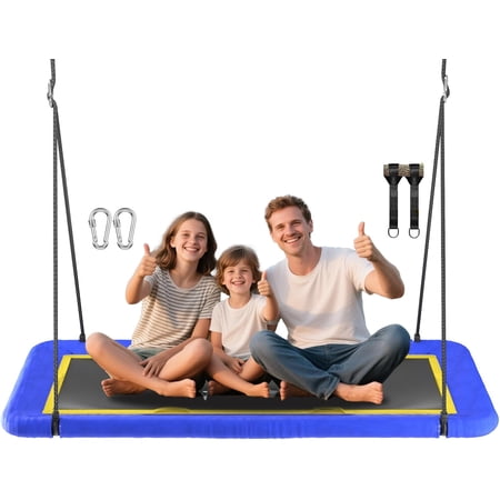 60'' Rectangle Platform Tree Swing for Kids and Adults, Giant Flying Swing with Adjustable Hanging Strap, Waterproof Textilene Fabric Tear & UV Resistant, Swings Set for Backyard Garden (Blue 02)