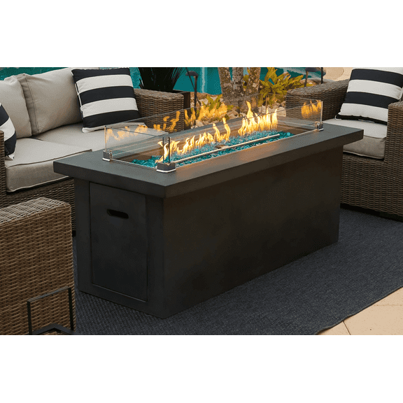 60" Rectangular Chat Height Outdoor Propane Gas Concrete Smokeless Fire Pit for Patio, Table with Glass Guard and Crystals in Gray (Caribbean Blue)