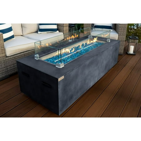 60" Rectangular Concrete Smokeless Fire Pit for Patio, Table with Glass Guard and Crystals in Gray (Cobalt Blue)