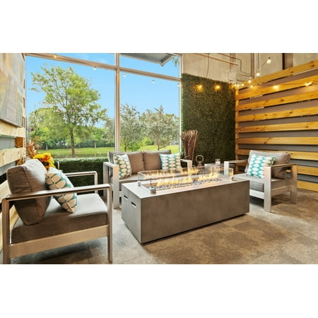 60" Rectangular Concrete Smokeless Fire Pit for Patio, Table with Glass Guard and Crystals in Gray (Emerald Green)