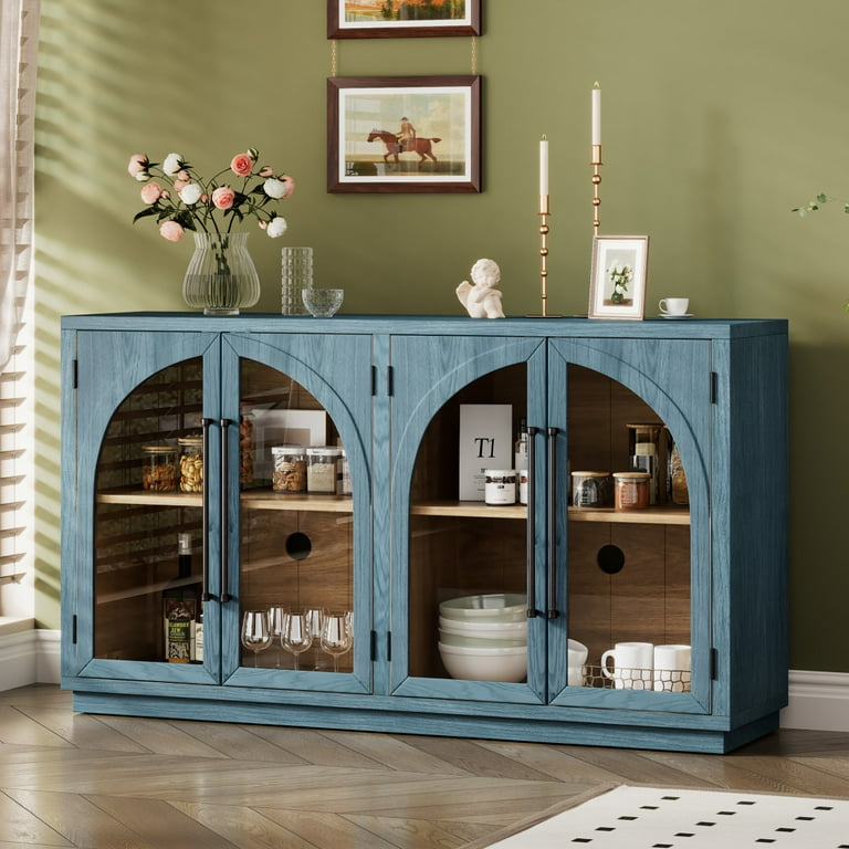 60 Retro Sideboard Cabinet with 4 Glass Doors Metal Handles Adjustable Shelves Antique Buffet Cabinets for Kitchen Dining Room and Living Room