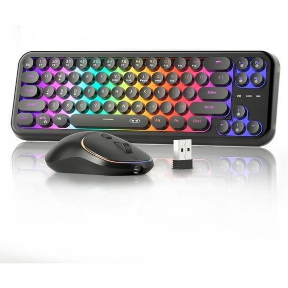 60% Retro Typewriter Round Wireless Keyboard and Mouse,2.4G RGB Backlit 68 Keys Quiet