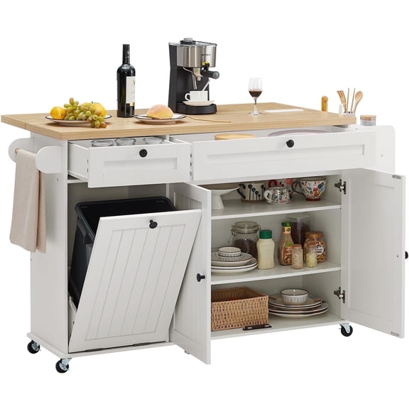 Rogalis Kitchen Island w/Outlet&Towel Rack, 60" Kitchen Storage Cart w/Foldable Countertop,White