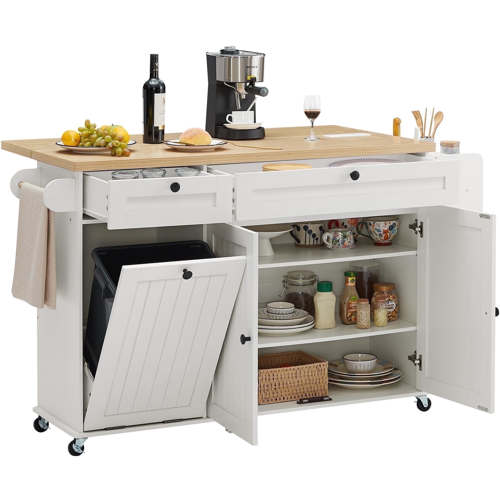 Onbrill Kitchen Island w/Outlet&Towel Rack, 60" Kitchen Storage Cart w/Foldable Countertop,White