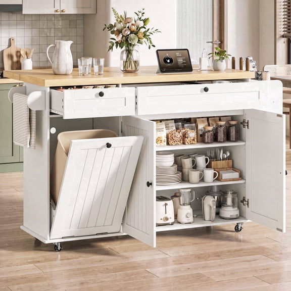 ROGALIS 60" Kitchen Island with Storage and Trash Can,Kitchen Island Cart with Drop Leaf and Wheels,Rolling Kitchen Island Cart on Wheels with Storage Cabinets & Drawers & Spice Racks,White