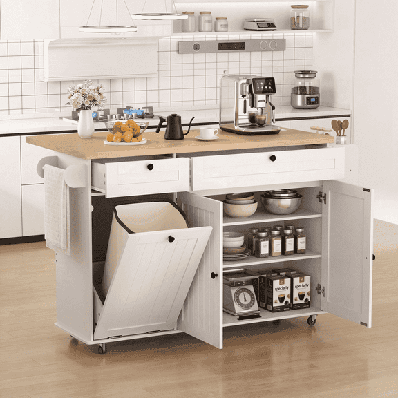 ROGALIS 60'' Rolling Kitchen Island with Power Outlet, Drop Leaf Countertop, Trash Storage Cabinet, Large Storage Drawers & Cabinets, Mobile Kitchen Island Cart with Spice Rack & Towel Rack, White