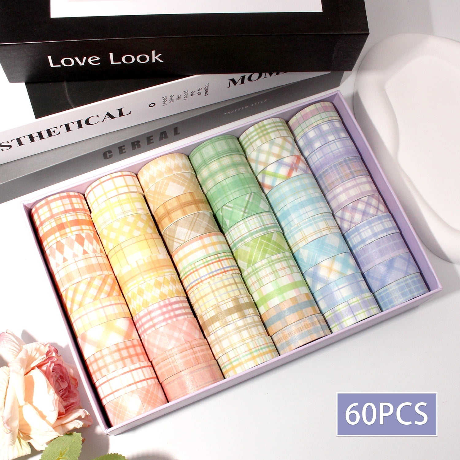 60 Rolls Boxed 15mm Grid Washi Tape Set, Self-Adhesive Decorative Colored Plaid Masking Tape for Painting, DIY Art Crafts, Gift Wrapping, Scrapbook Supplies