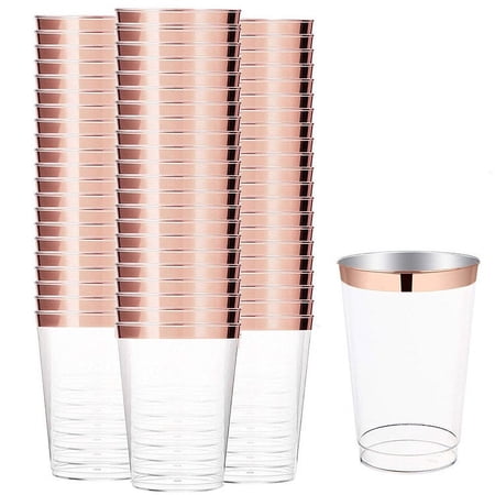 60 Rose Gold Plastic Cups 14 OZ Clear Wedding Tumblers with Rose Gold Rim Disposable Party Cups - Posh Setting