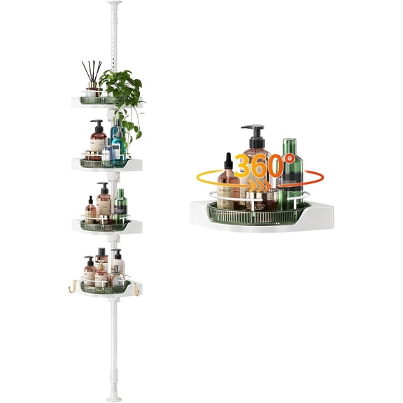 60° Rotating Shower Caddy Tension Pole with 4-Tier Rustproof Lazy Susan 35-128 Inch No Drilling Coner Shelves Adjustable Shower Rack for Bathroom Bathtub Washbasin Plant Storage