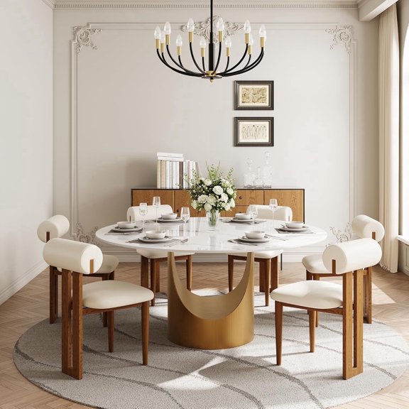 FHKJ HOME 60" Modern Round Dining Table for 6, Glossy White Sintered Stone Top