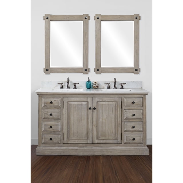 60" Rustic Solid Fir Double Sink Vanity in Grey Driftwood with Arctic Pearl Quartz Marble Top ...