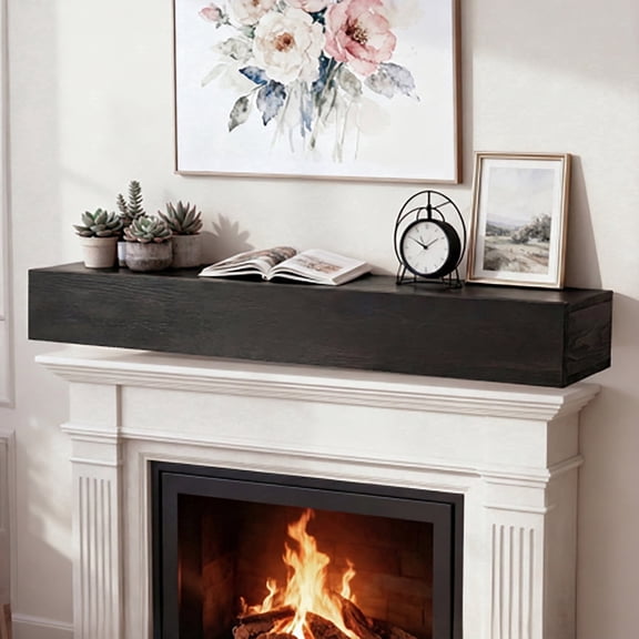 Elleree 60in Rustic Wood Floating Fireplace Mantel Shelf for Bedroom Living Room Home Decor Black Surrounds