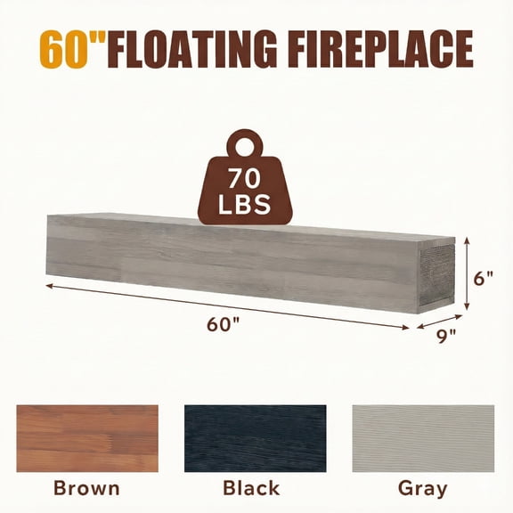 60 Rustic Wood Fireplace Mantel, Wall-Mounted Floating Shelf for Home Decor, Solid Cedar Wood, Gray Finish, 60x9x6 Inches