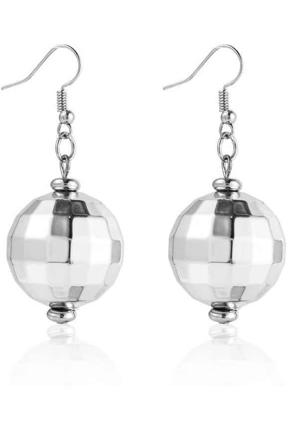 60'S 70'S Silver Mirror Disco Ball Drop Dangle Earrings Hook Chain Cool Punk for Women Classic Dance Party Halloween Costume Jewelry