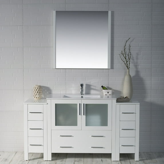 60-S" Freestanding Bathroom Vanity with Side Cabinet & Vessel Sink - Glossy White