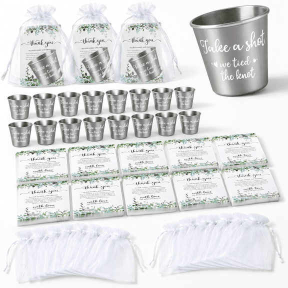 60 Set 1.5 Oz Stainless Steel Shot Glasses Wedding Favors with Thank You Cards and Organza Bags