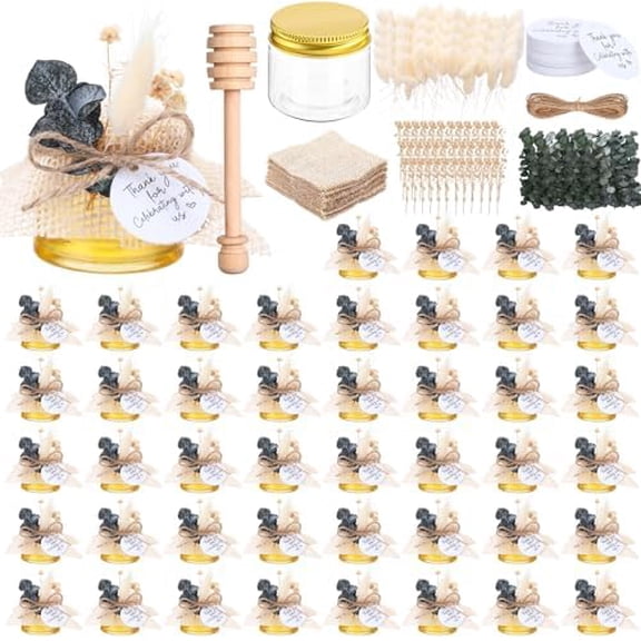 60 Set 1.5 oz Mini Plastic Honey Jars Small Honey Jars Party Favors in Bulk with Gold Lids Wood Bee Dipper Thank You Card Burlap Fabric Twine String Natural Plant for Baby Shower Wedding Gift