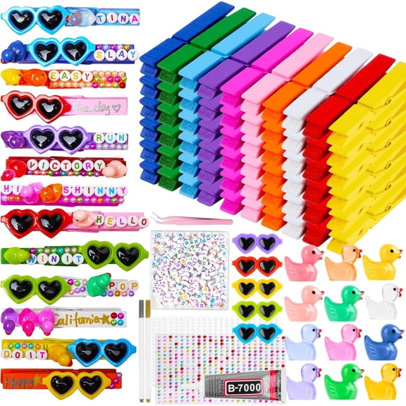 60 Set Cheer Pins Spirit Clips for Backpacks Colored Wooden Clothes Pins with 90Pcs Mini Resin Ducks Eyeglass 300Pcs Beads Pens Glue and Diamond Stickers for Cheerleading Clothespin Decorations
