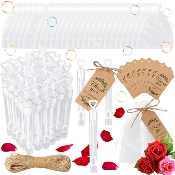 60 Set Wedding Favors for Guests Bulk Include 60 Mini Bubble Wands Tube(No Bubble Liquid) 60 Organza Gift Bags 60 Thank You Cards for Wedding Party Bridal Shower Souvenir Gift