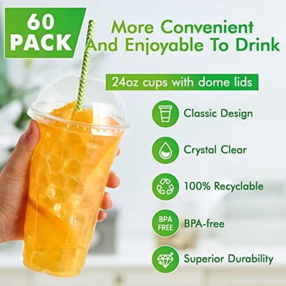 60 Sets 24 oz Clear Plastic Cups with Dome Lids, 24 oz Disposable Plastic Drinking Parfait Cups for Ice Coffee, Smoothie, Frappuccino, Bubble Boba