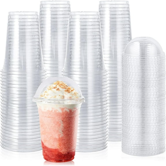 60 Sets 24 oz Clear Plastic Cups with Dome Lids, 24 oz Disposable Plastic Drinking Parfait Cups for Ice Coffee, Smoothie, Frappuccino, Bubble Boba