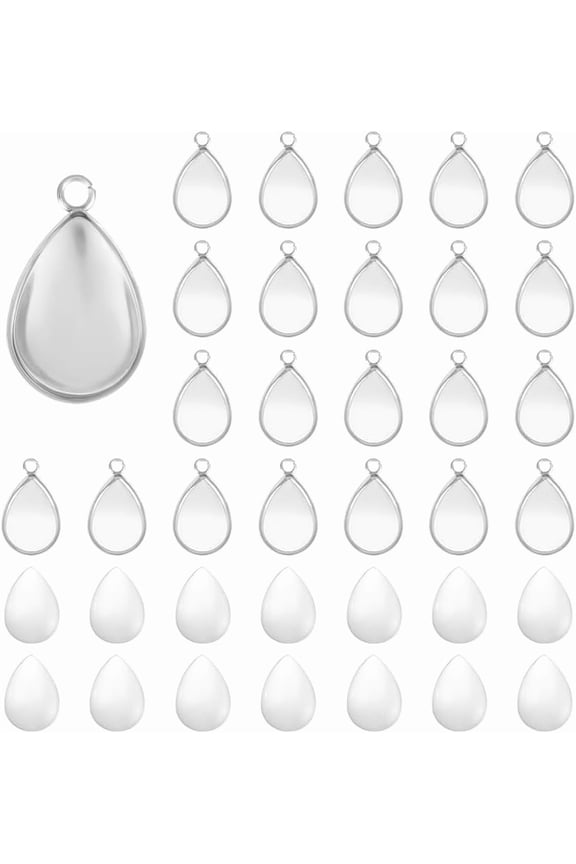 60 Sets 304 Stainless Steel Blank Bezels Teardrop Pendant Making Kit Oval Border Glass Cabochon Tray Charm Hole 1.6mm for Necklace Bracelet Jewelry Making Silver