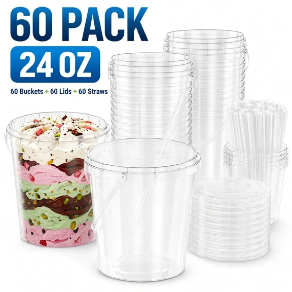 60 Sets(60 pcs cup+60 pcs lid+60 pcs straw) Clear Plastic Buckets with Lids and Straws, 24/32 Oz Drink Bucket with Handle Disposable Cocktail Pails for Beach Pool Halloween Football Parties Bar Beer
