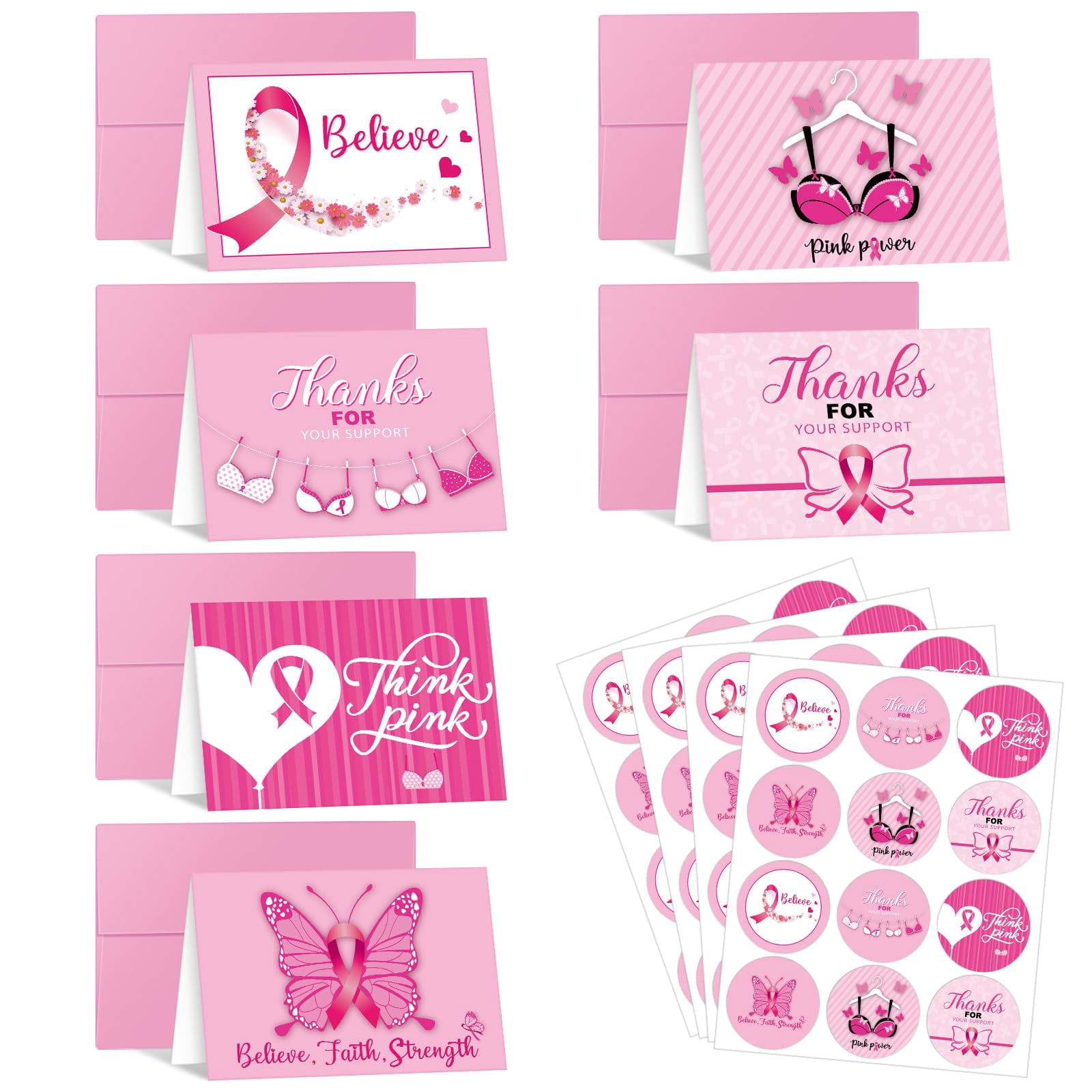 60 Sets Breast Cancer Thank You Cards with Envelopes Stickers Paper ...
