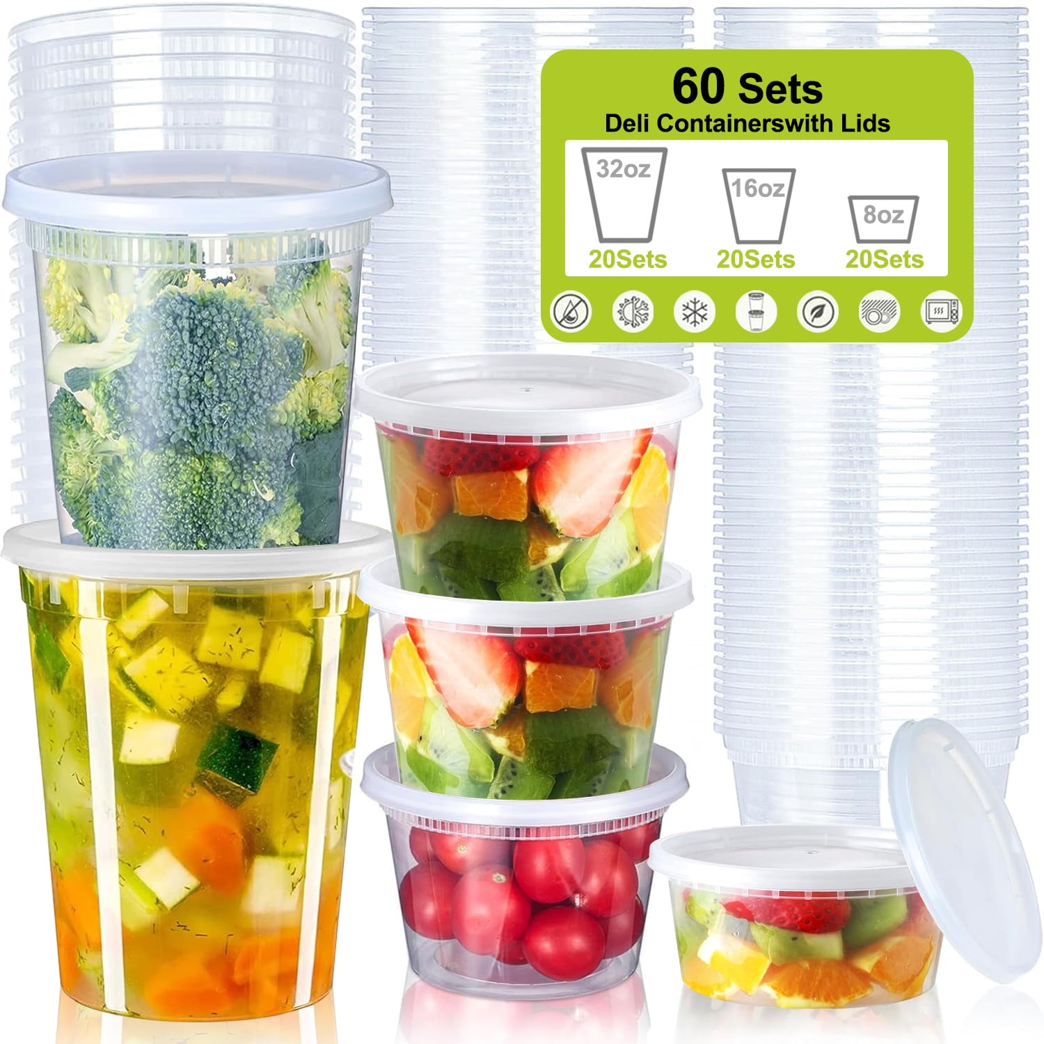 stusgo 60 PCS Plastic Deli Containers with Lids,Soup Meal Prep Containers,20x8oz, 20x16oz, 20x32oz