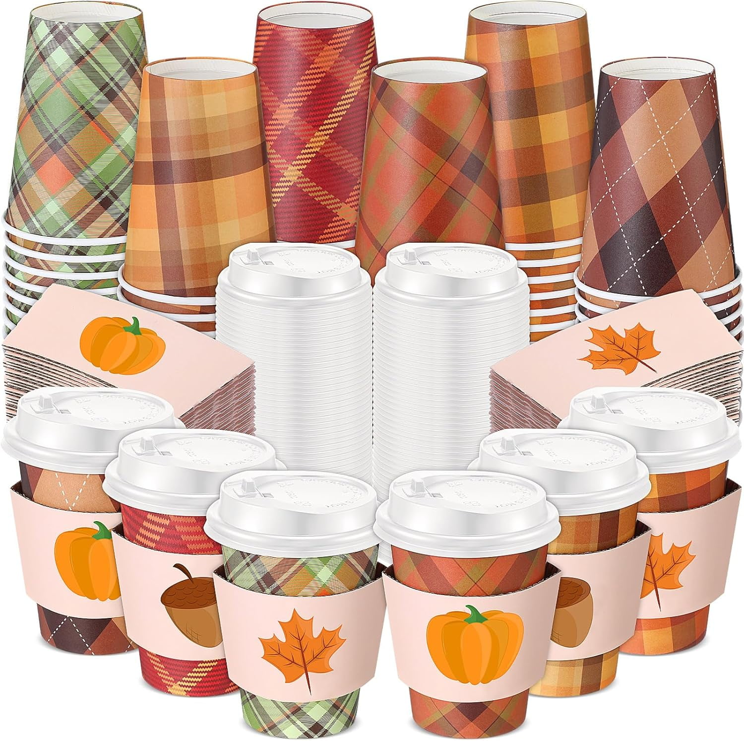 60 Sets Fall Disposable Coffee Cups with Lids and Sleeves 12 oz Paper
