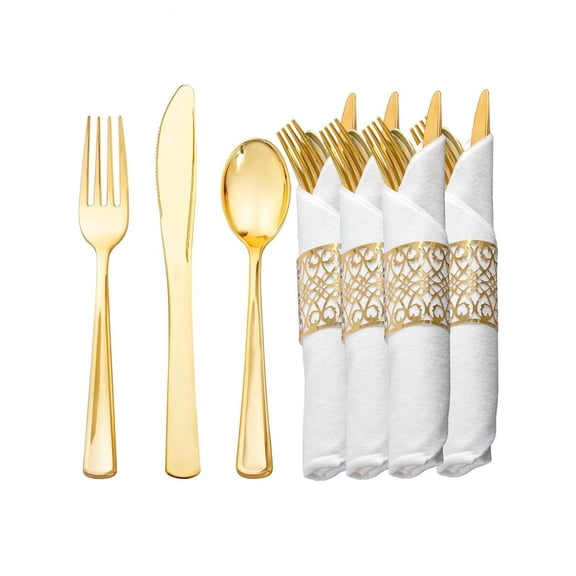 60 Sets Gold Retro Pre-Rolled Cutlery Sets - Knife/Fork/Spoon with Patterned Napkins for Weddings/Parties/Events