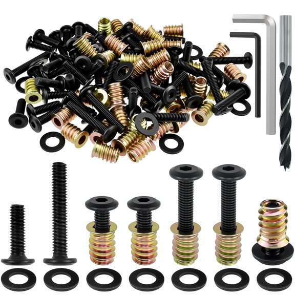 60 Sets M6 x 19/32" Threaded Insert and 4/5"1-1/2" Lengths Bolt for Wood, Hex Socket Drive Furniture Screw Nut Assortment Kits with Hex Wrench, Washers and Drill Bit