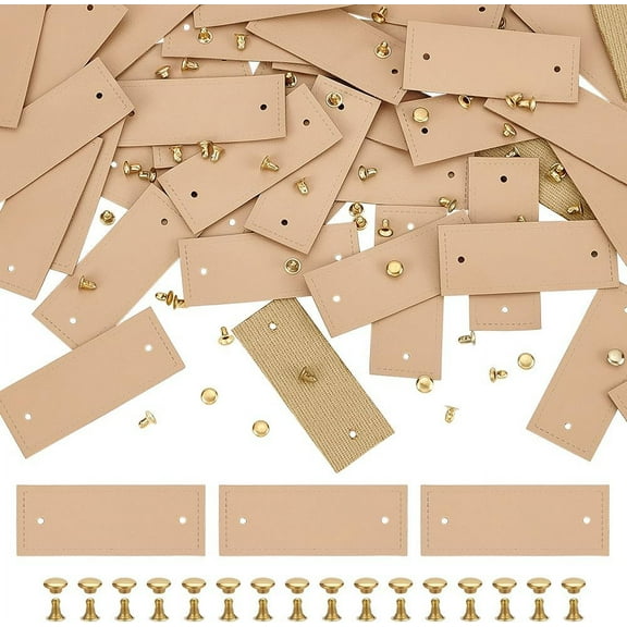 60 Sets PU Leather Label Blank Leather Tags 0.8x2inch Beige Handmade Leather Label with Rivets Rectangle Faux Leather Blank Tag Label Blank DIY Embossed Tag for Jeans Shoes Bags